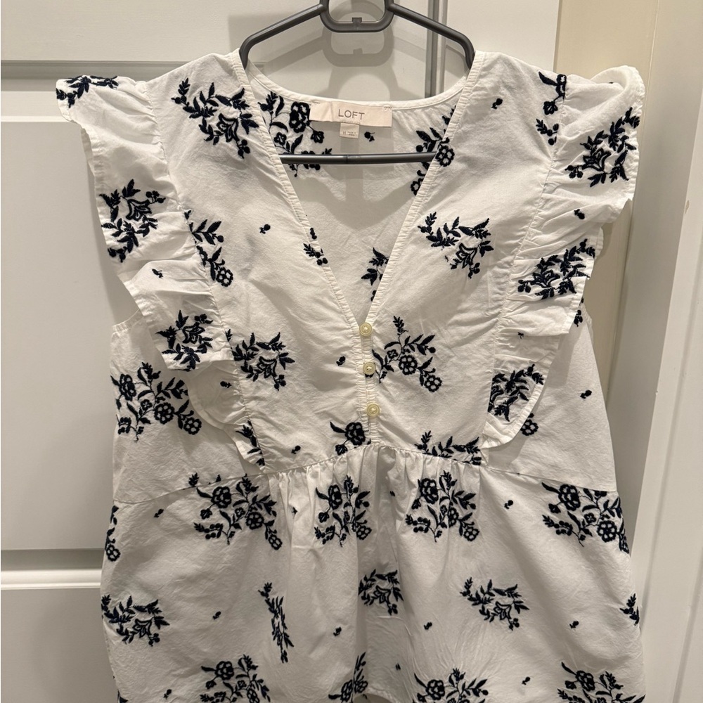 LOFT Ivory and Navy Embroidered Top